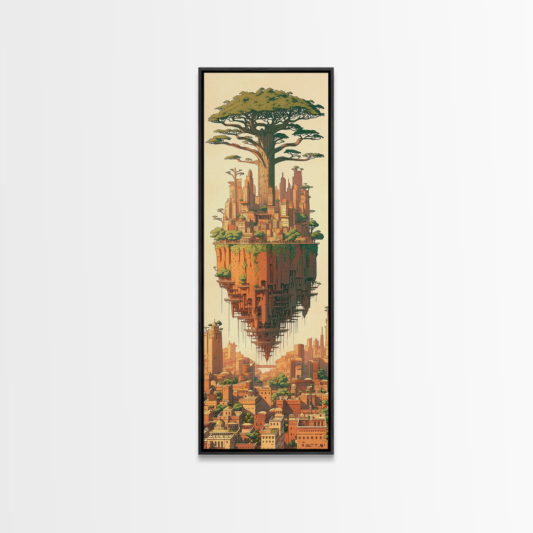 Floating African Tree City Canvas Print, Baobab Fantasy Landscape Wall Art, Afrocentric Urban Decor, Modern Home Decor Gift