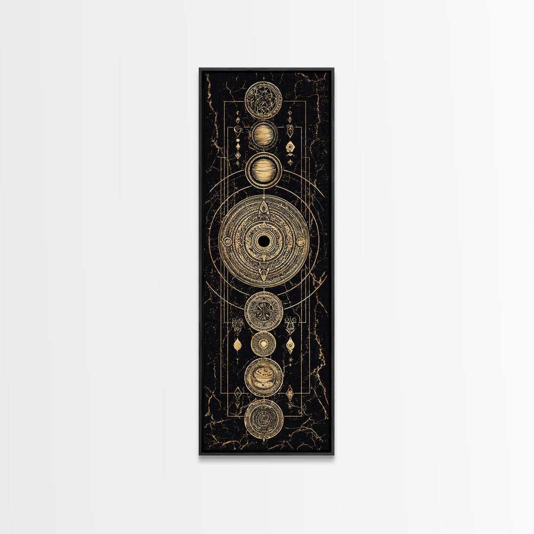 Gold Alchemy Planets And Sacred Circles Framed Canvas Print, Black And Gold Art, Mystical Wall Art, Luxury Canvas Art, Home Decor
