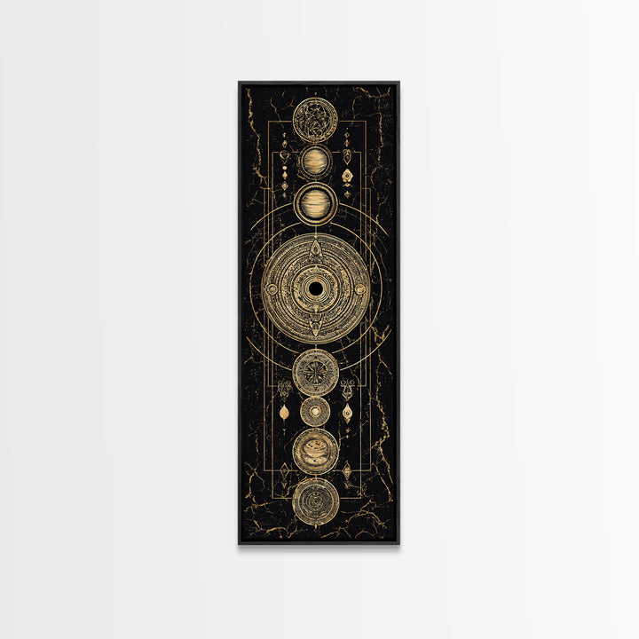 Gold Alchemy Planets And Sacred Circles Framed Canvas Print, Black And Gold Art, Mystical Wall Art, Luxury Canvas Art, Home Decor