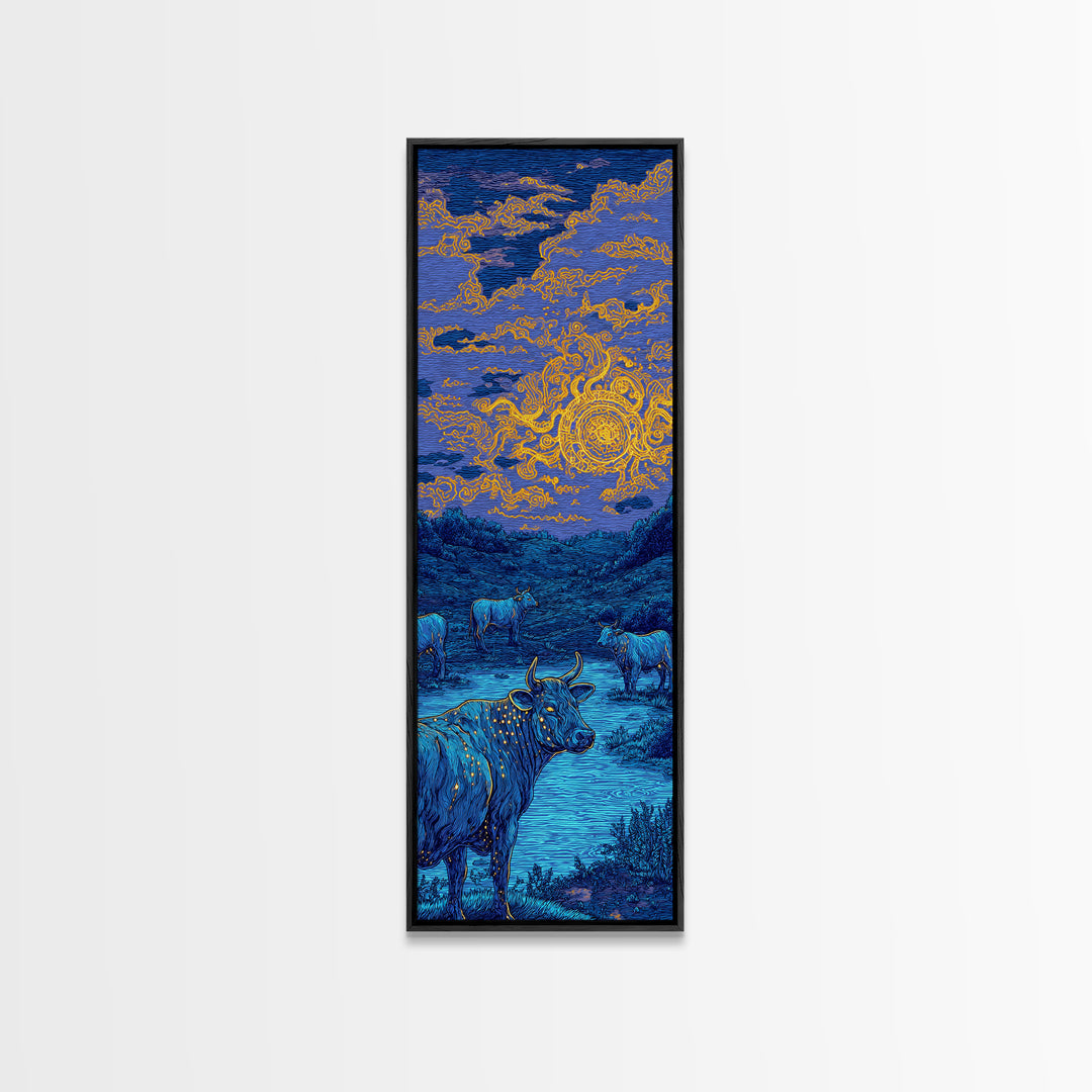 Blue Cow Under Orange Swirl Sky Canvas Print, Rustic Nature Scene Art, Animal Wall Art, Farmhouse Decor, Unique Wall Decor