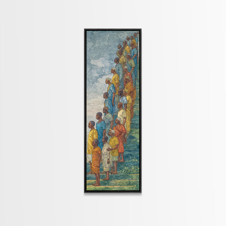 African Children In Colorful Stairway Procession Wall Art, Cultural Canvas Print, Black People Art, Vibrant Afrocentric Decor