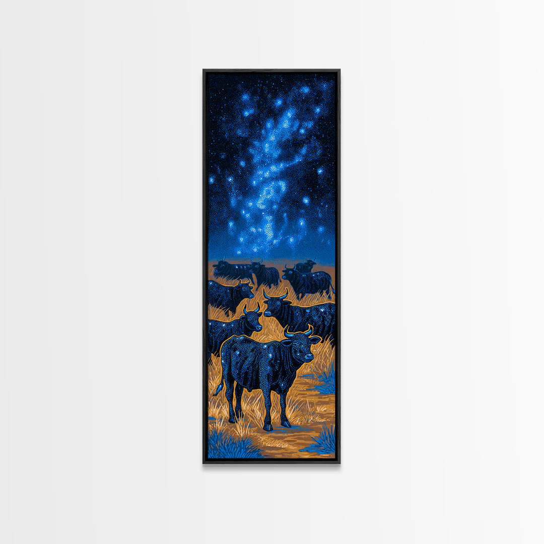 Longhorn Cattle Herd Beneath Blue Milky Way Framed Canvas Print, Western Animal Wall Art, Nature Scene Art, Bedroom Decor