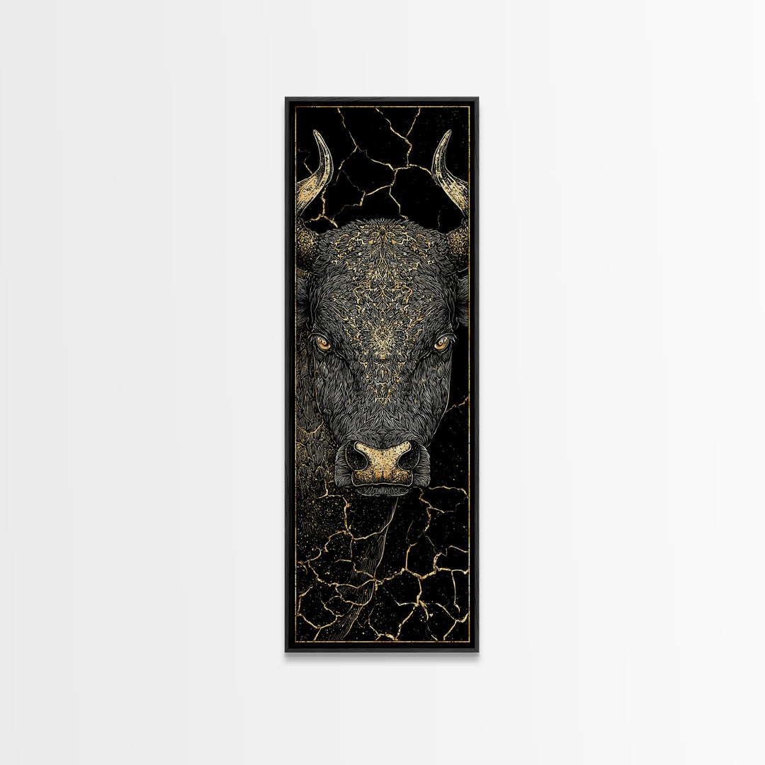 Black Bull Face With Gold Cracked Texture Canvas Print, Powerful Animal Wall Art, Black And Gold Art, Bold Home Decor, Statement Piece