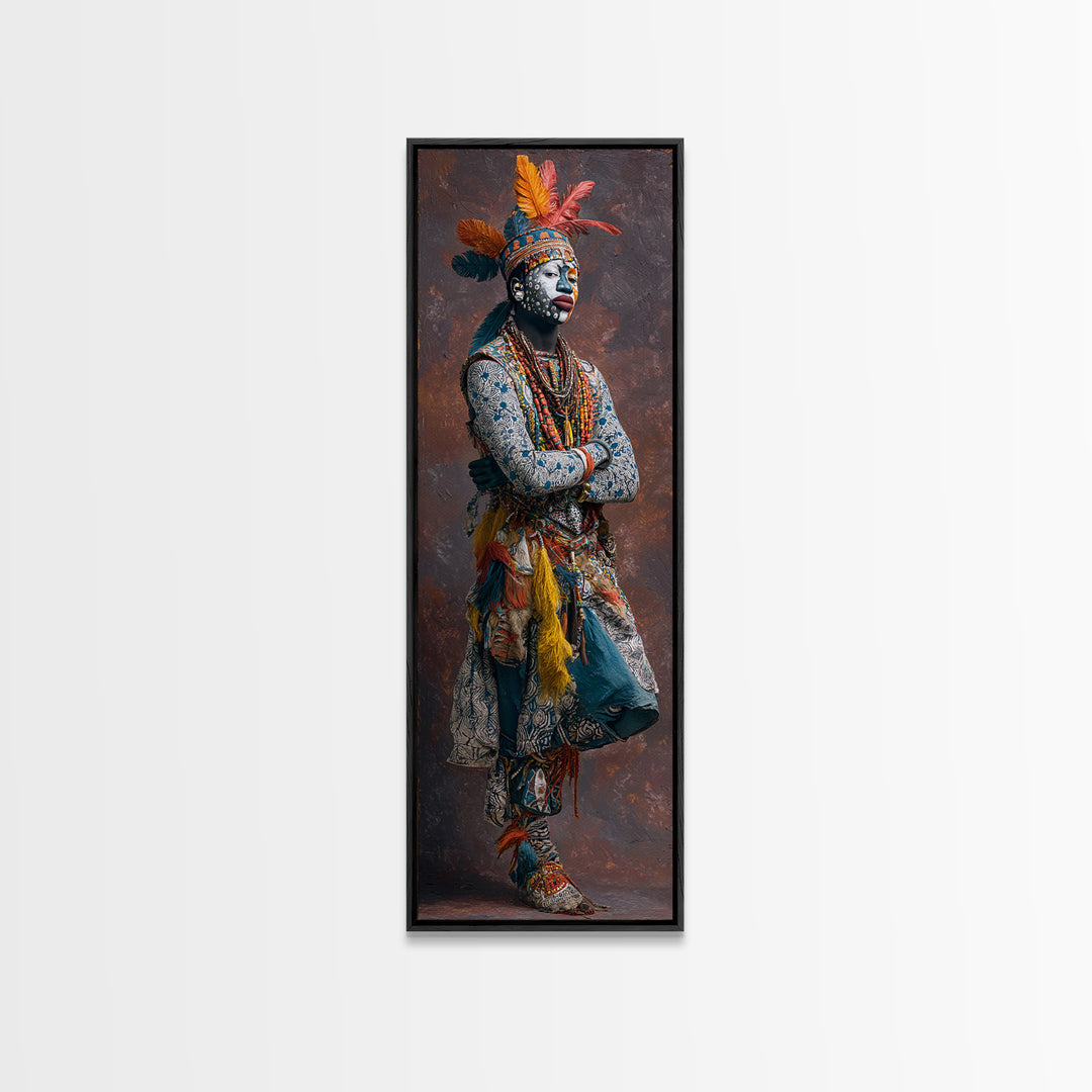 Feathered African Warrior Woman Framed Canvas Print, Tribal Queen Portrait, Afrocentric Wall Decor, Cultural Artwork Gift
