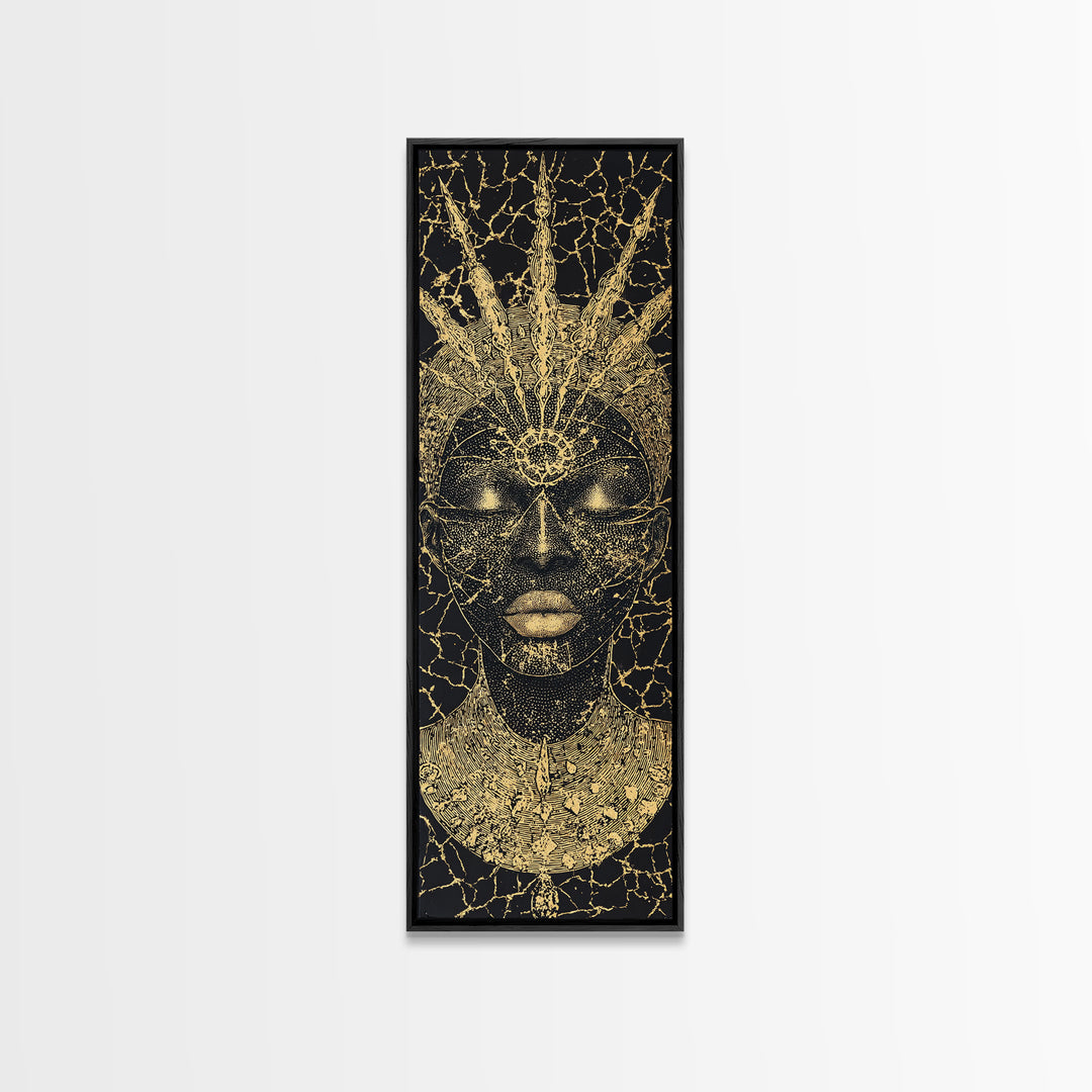 Black Gold African Goddess Face Framed Canvas Print, Regal Afrocentric Wall Decor, Spiritual Portrait Art, Luxury Home Decor