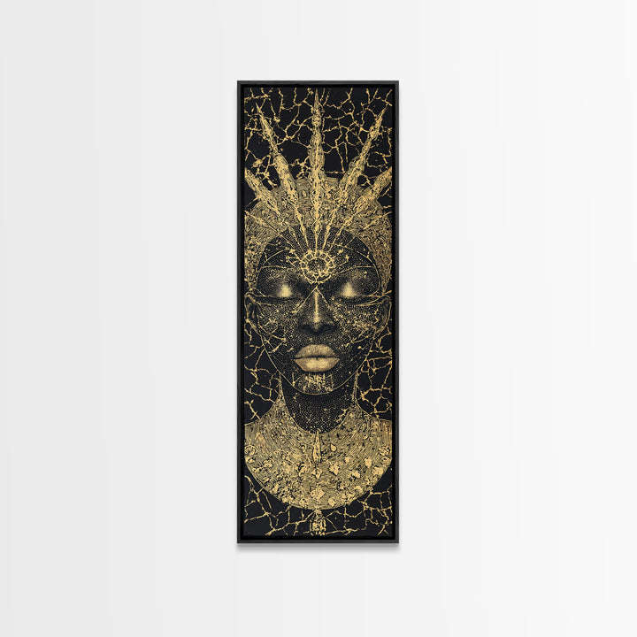 Black Gold African Goddess Face Framed Canvas Print, Regal Afrocentric Wall Decor, Spiritual Portrait Art, Luxury Home Decor