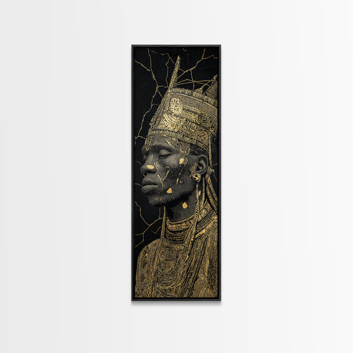 Gold African Queen Profile Wall Art, Black And Gold Portrait, Regal Afrocentric Decor, Elegant Cultural Artwork For Living Room