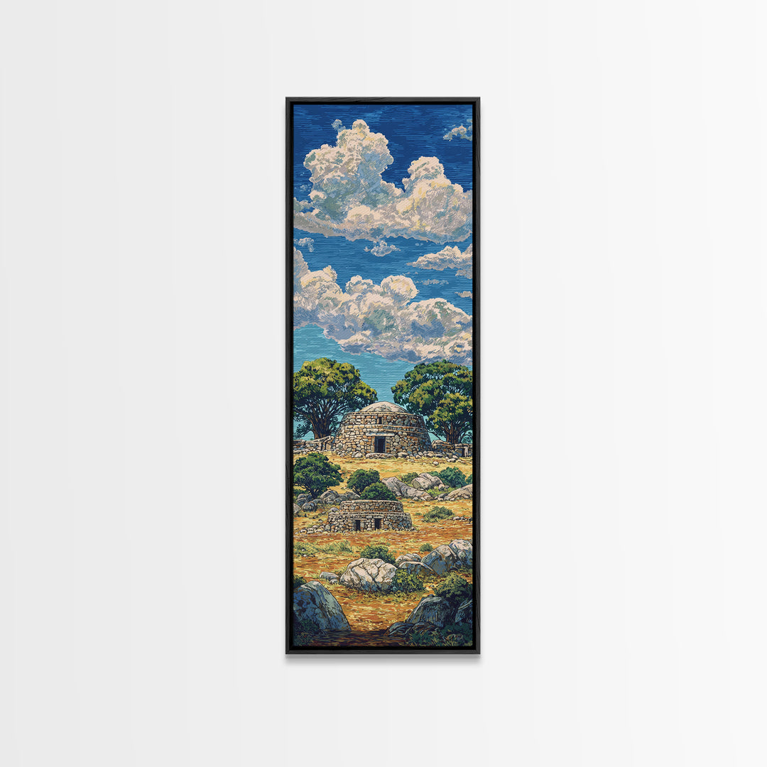 Sunny African Village Hut Canvas Print, Savanna Landscape Wall Decor, Traditional Cultural Art, Serene Nature Home Decor