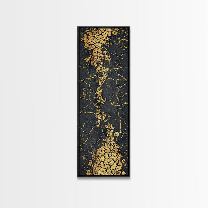 Gold Botanical Kintsugi Cracked Stone Wall Art, Black And Gold Floral Abstract, Luxury African Inspired Canvas Home Decor