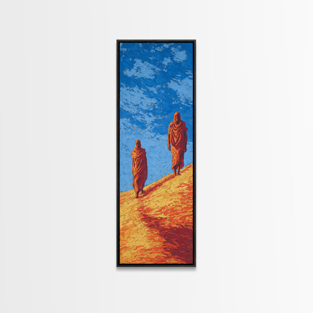Two Robed Figures On Desert Hill Canvas Print, African Landscape Wall Decor, African Inspired Safari Art, Earth Tone Decor