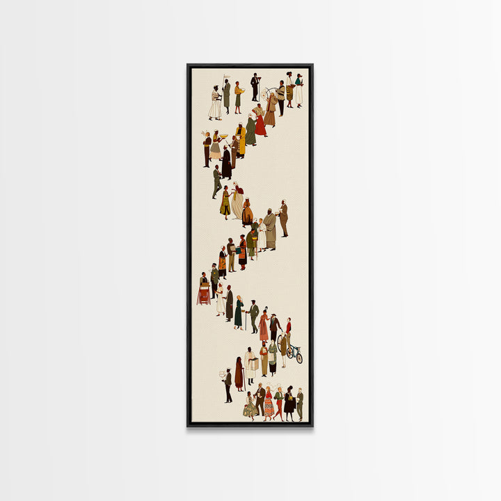 Winding Line Of Diverse People Wall Art, Minimalist Canvas Print, Modern Figurative Home Decor, Long Narrow Gallery Poster