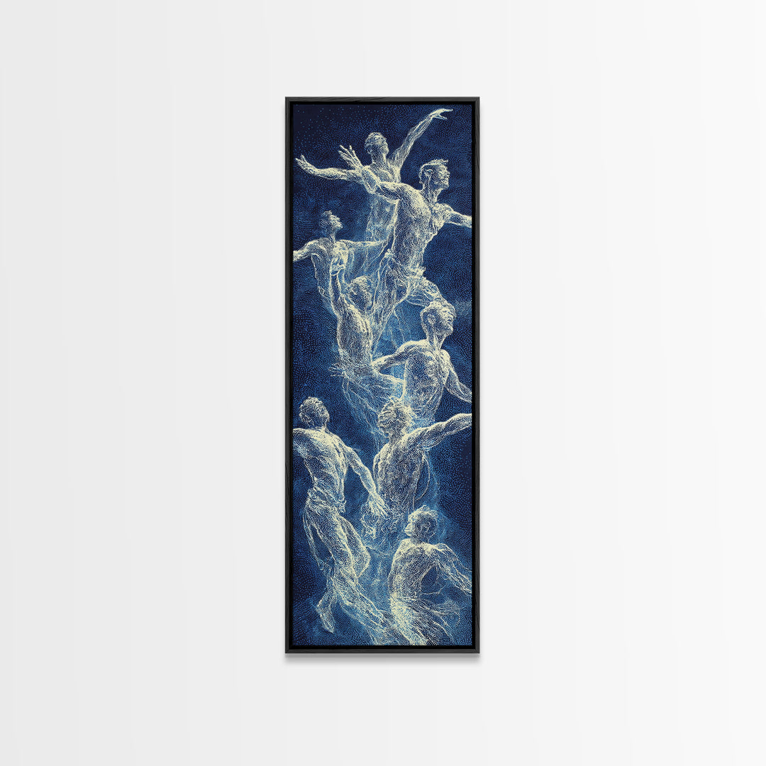 Blue White Ethereal Dancers Framed Canvas Print, Spiritual Figure Wall Art, Contemporary African Inspired Home Decor Gift