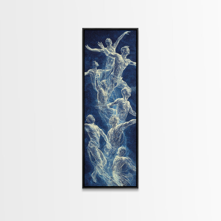Blue White Ethereal Dancers Framed Canvas Print, Spiritual Figure Wall Art, Contemporary African Inspired Home Decor Gift