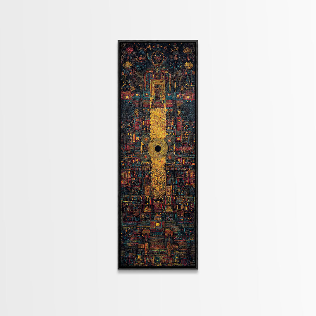 Golden Tribal Temple Abstraction Framed Canvas Print, African Inspired Wall Decor, Afrocentric Art, Bold Cultural Home Decor