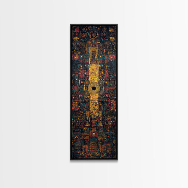 Golden Tribal Temple Abstraction Framed Canvas Print, African Inspired Wall Decor, Afrocentric Art, Bold Cultural Home Decor