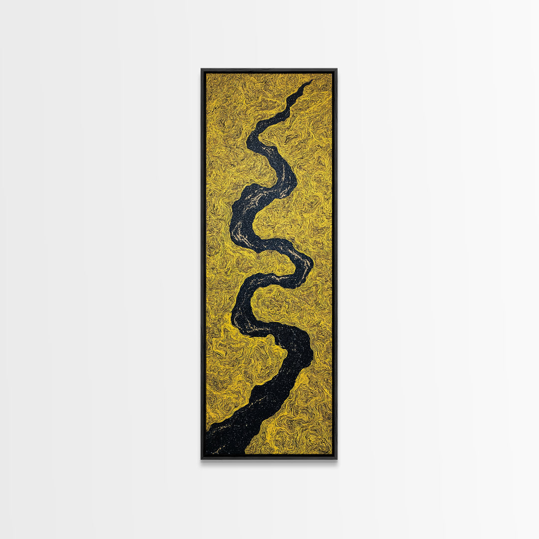 Black Winding River On Gold Texture Wall Art, Minimalist Abstract Landscape, Earth Tone Decor, Modern Canvas Gift For Living Room