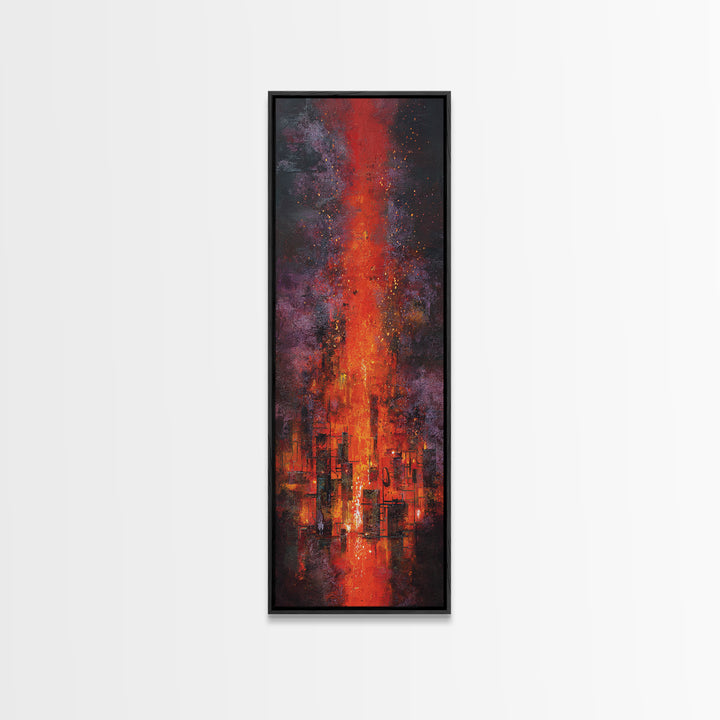 Burning Skyline With Volcanic Light Wall Art, Dark Red Abstract Canvas Print, Urban Wall Art, Modern Office Decor Gift For Him