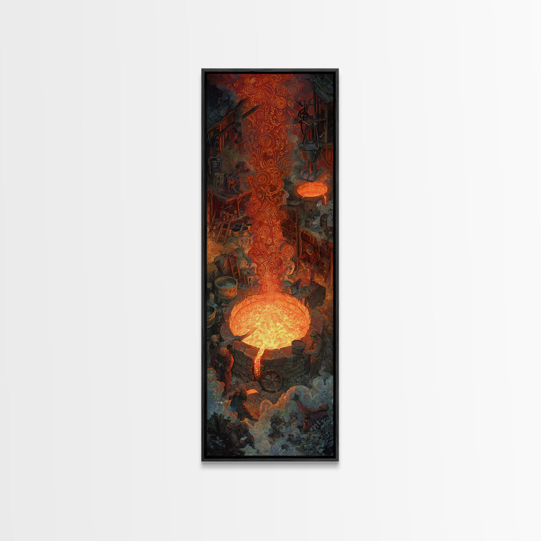 Molten Forge Workshop With Glowing Symbols Framed Canvas Print, Industrial Fantasy Wall Art, Orange Painting Home Decor Gift