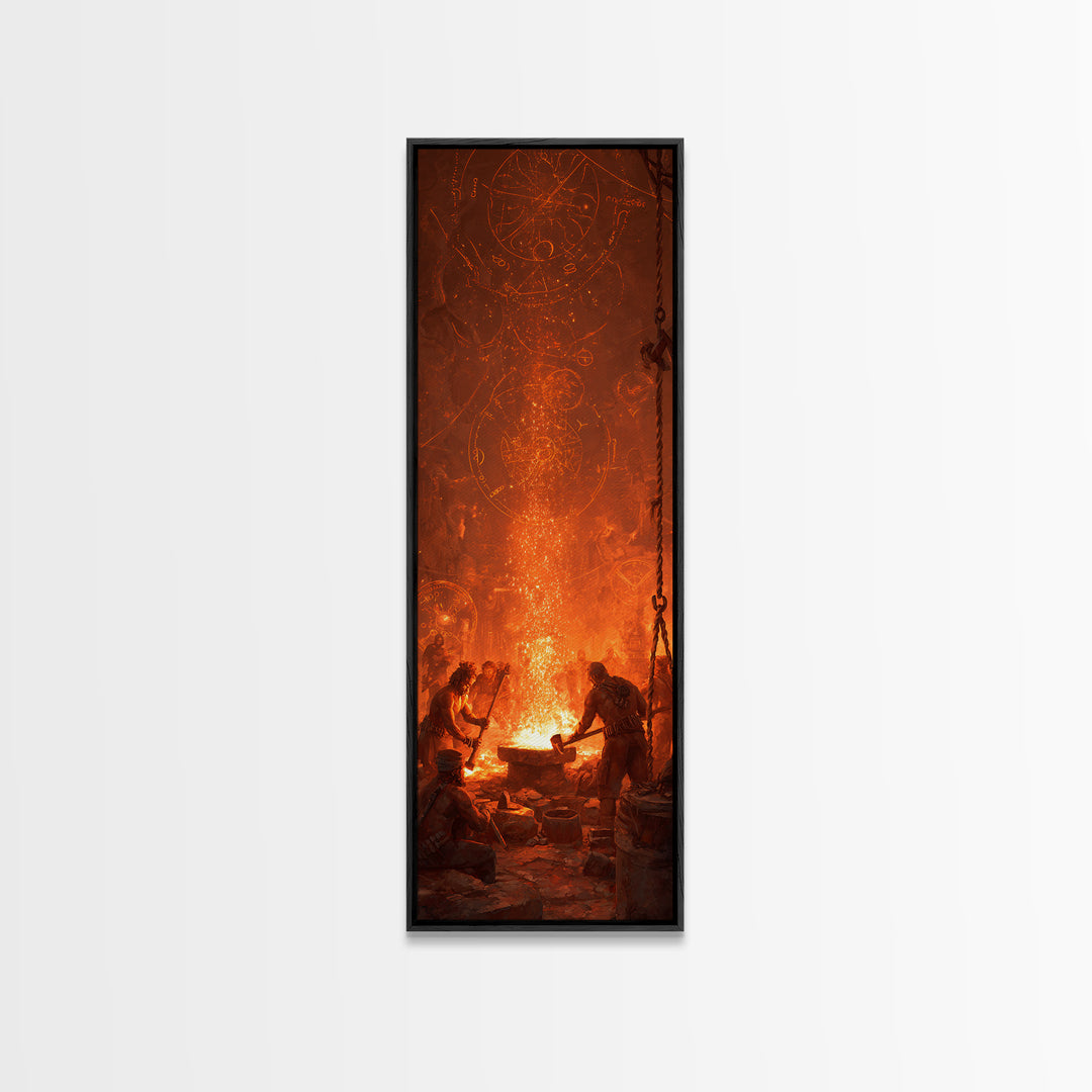 Ancient Forge Ritual With Glowing Sigils Framed Canvas Print, Spiritual Wall Art, Mystical Orange Home Decor Gift For Living Room Decor