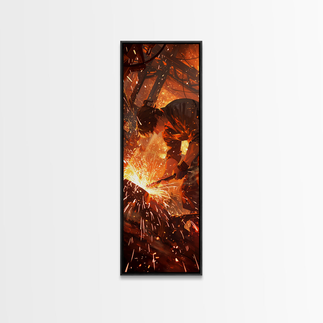 Welder In Shower Of Sparks Wall Art, Dramatic Orange Canvas Print, Industrial Workshop Art, Masculine Office Decor Gift For Him