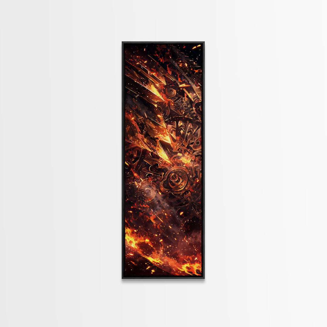 Fiery Mechanical Gears And Sparks Wall Art, Abstract African Inspired Industrial Canvas Print, Bold Orange Black Decor Gift