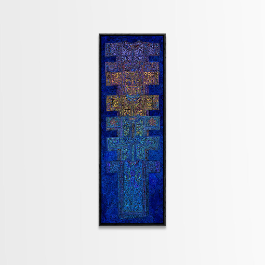 Blue Purple Tribal Cross Totem Wall Art, African Mask Inspired Canvas Print, Afrocentric Geometric Decor, Bold Home Gift