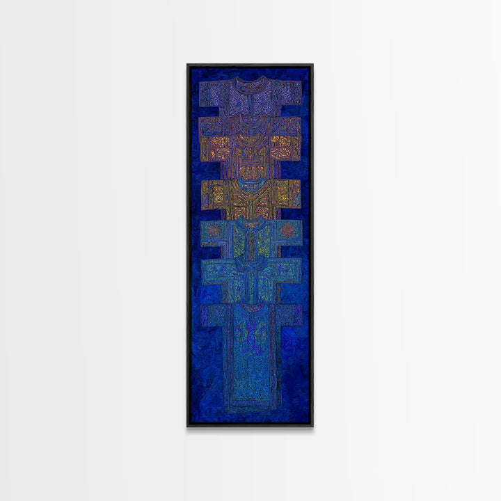 Blue Purple Tribal Cross Totem Wall Art, African Mask Inspired Canvas Print, Afrocentric Geometric Decor, Bold Home Gift