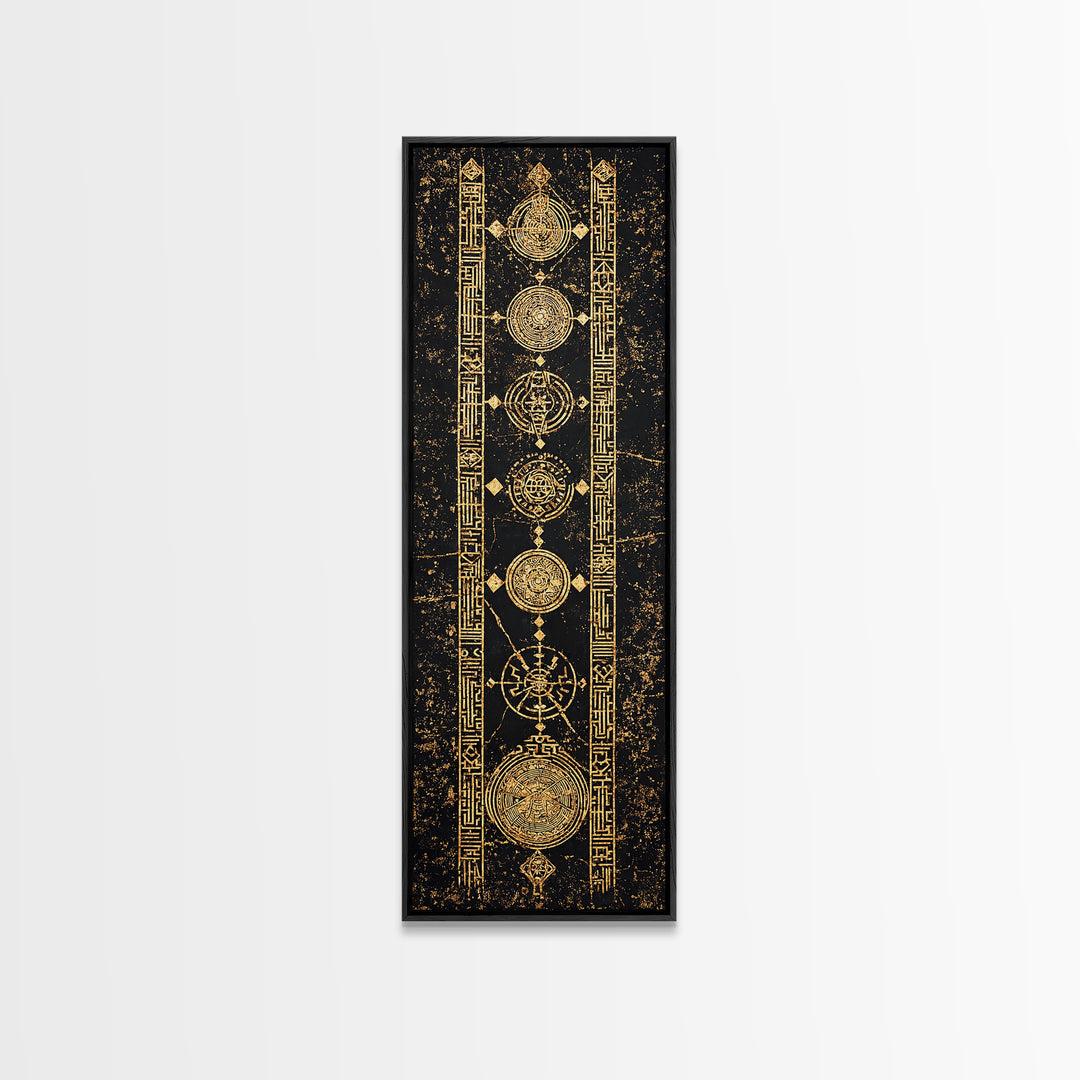 Gold Celestial Circles And Glyphs Wall Art, African Abstract Canvas Print, Black Gold Geometric Decor, Spiritual Home Gift