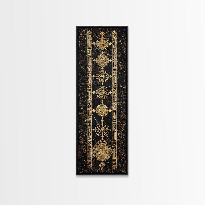 Gold Celestial Circles And Glyphs Wall Art, African Abstract Canvas Print, Black Gold Geometric Decor, Spiritual Home Gift
