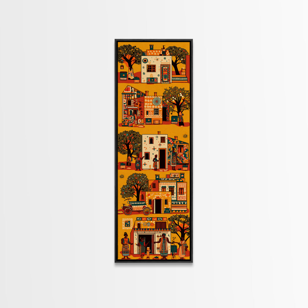 Orange African Village Houses And Trees Wall Art, African Folk Canvas Print, Cultural Home Decor, Afrocentric Travel Gift