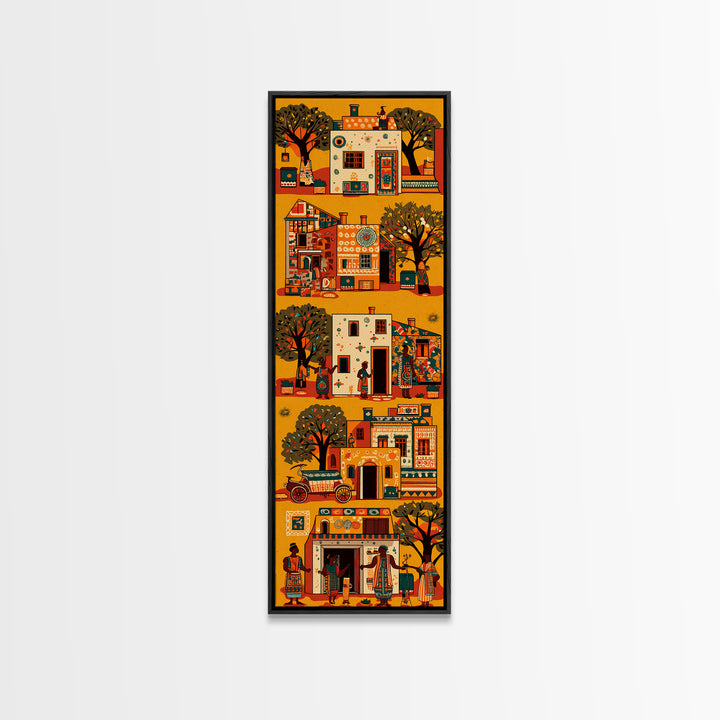 Orange African Village Houses And Trees Wall Art, African Folk Canvas Print, Cultural Home Decor, Afrocentric Travel Gift