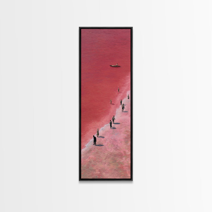 Pink African Salt Lake Shore With Fishermen Wall Art, Lake Retba Landscape, Coastal Boat Print, Serene Travel Home Decor Gift