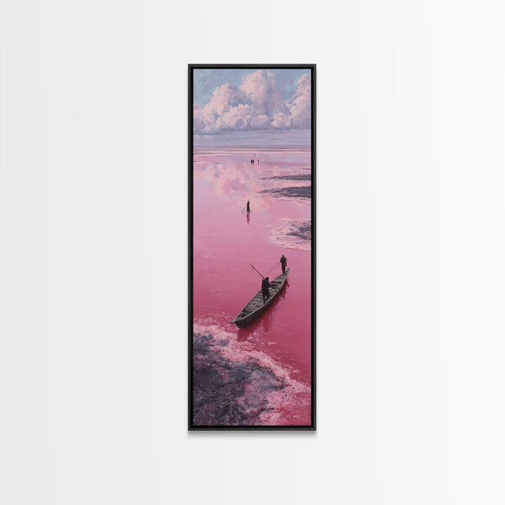 Dreamy Pink African Lagoon With Wooden Boat Canvas Print, Lake Retba Fisherman Scene, Coastal Landscape Wall Decor Gift Art