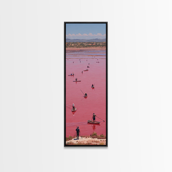 Pink African Lake With Boats And Salt Workers Framed Canvas Print, Lake Retba Landscape, Vibrant Travel Wall Decor Gift Art