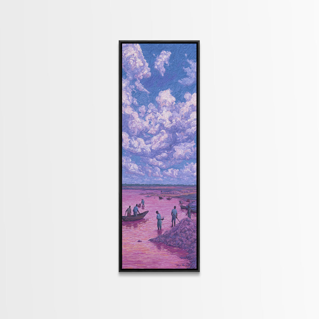 Purple Storm Clouds Over Pink African Lake Canvas Print, Fishermen Boat Landscape, Dreamy Nature Scene Art For Home Decor
