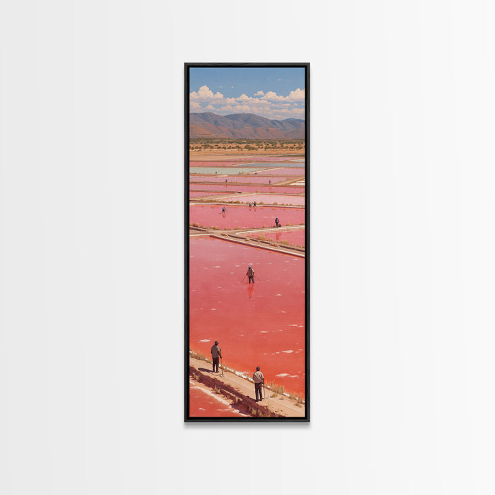 African Pink Salt Ponds With Mountains Wall Art, Lake Retba Workers Landscape Print, Vibrant Travel Decor For Living Room