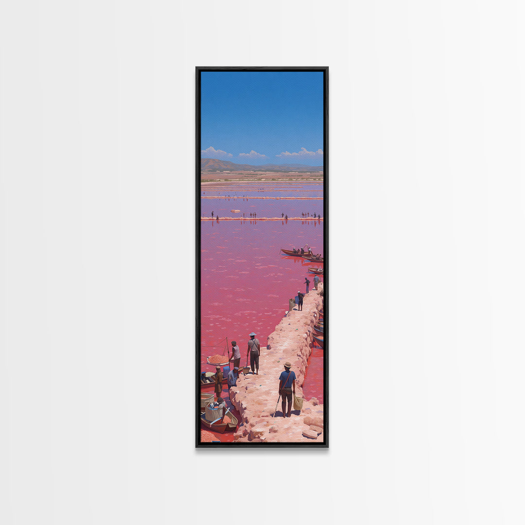 Panoramic Pink African Lake Harbor With Boats Canvas Print, Salt Flat Landscape, Travel Wall Decor Gift For Living Room Art