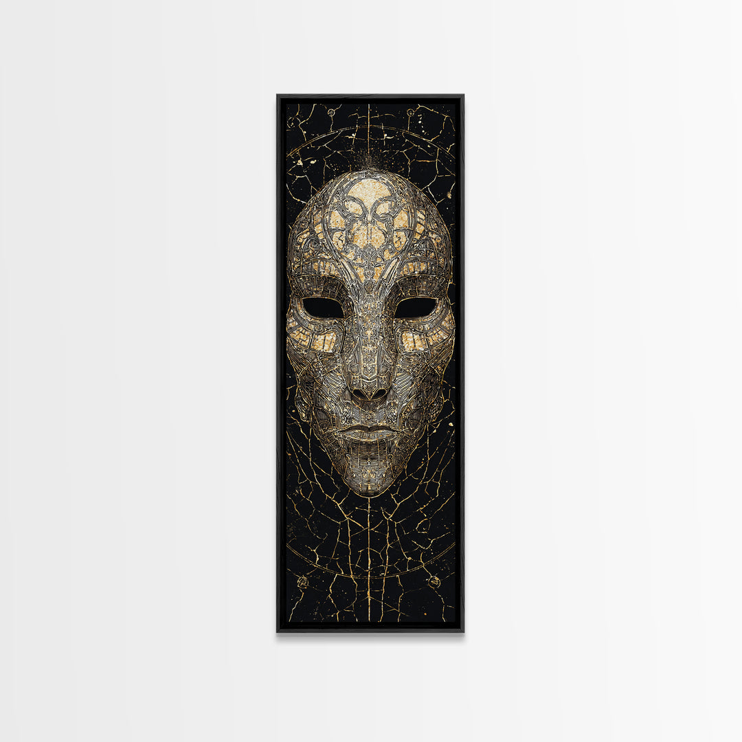 Gold And Black African Tribal Mask Canvas Print, Mystical Face Artwork, Afrocentric Wall Decor, Bold Cultural Home Decor