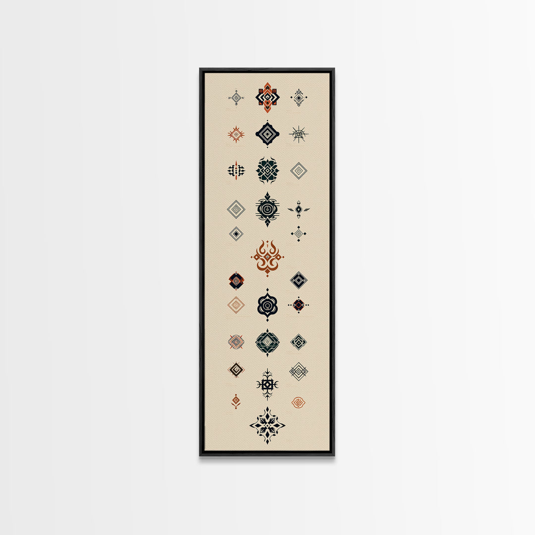 Minimal African Pattern Wall Art, Boho Tribal Symbols, Beige Orange Navy Motifs, Afrocentric Textile Inspired Canvas Print
