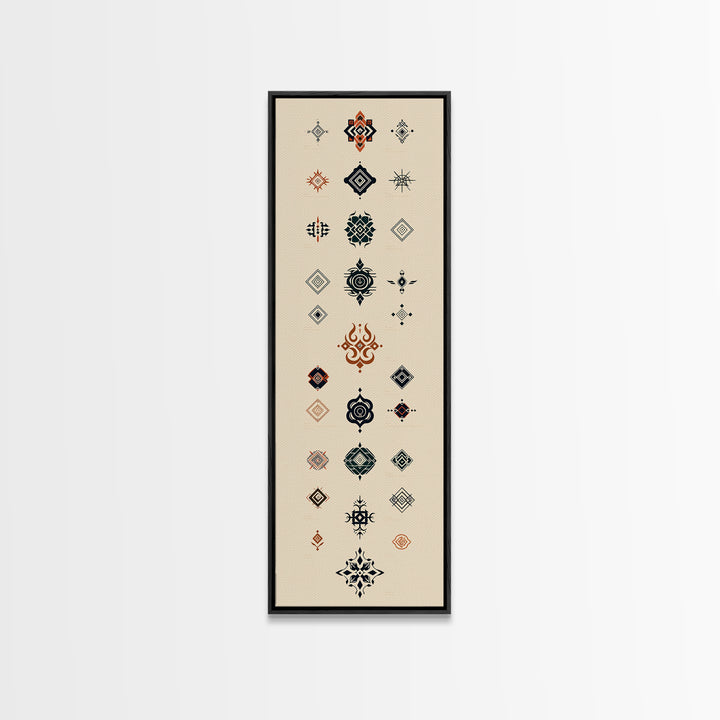 Minimal African Pattern Wall Art, Boho Tribal Symbols, Beige Orange Navy Motifs, Afrocentric Textile Inspired Canvas Print