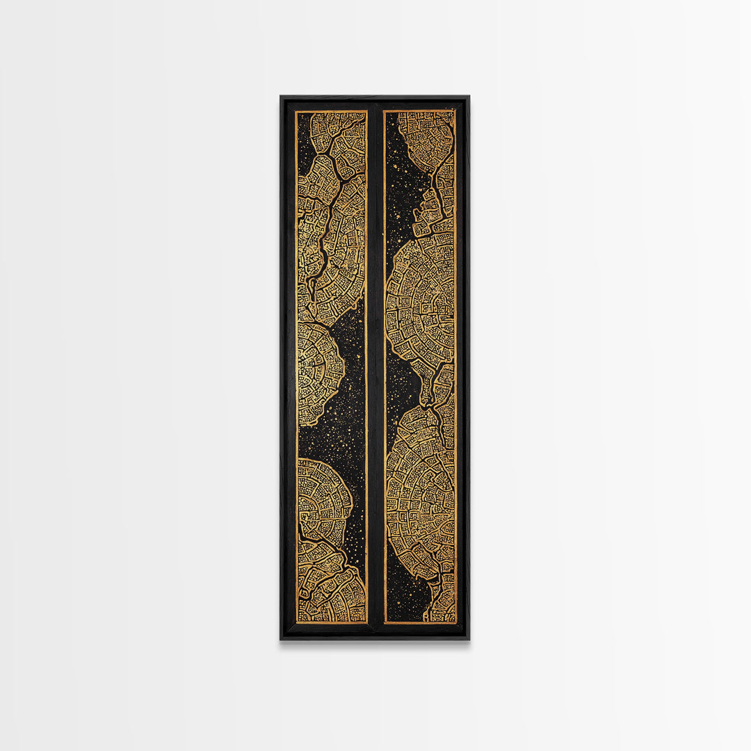 Gold Black African City Map Canvas Print, Diptych Style Tribal Pattern Wall Art, Geometric Luxury Home Decor Statement Piece