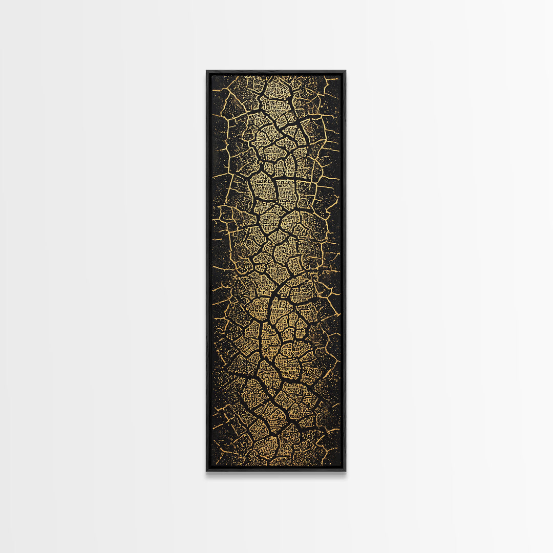 Gold On Black Abstract Map Wall Art, Tribal Maze Texture Canvas Print, African Inspired Geometric Statement Decor For Home