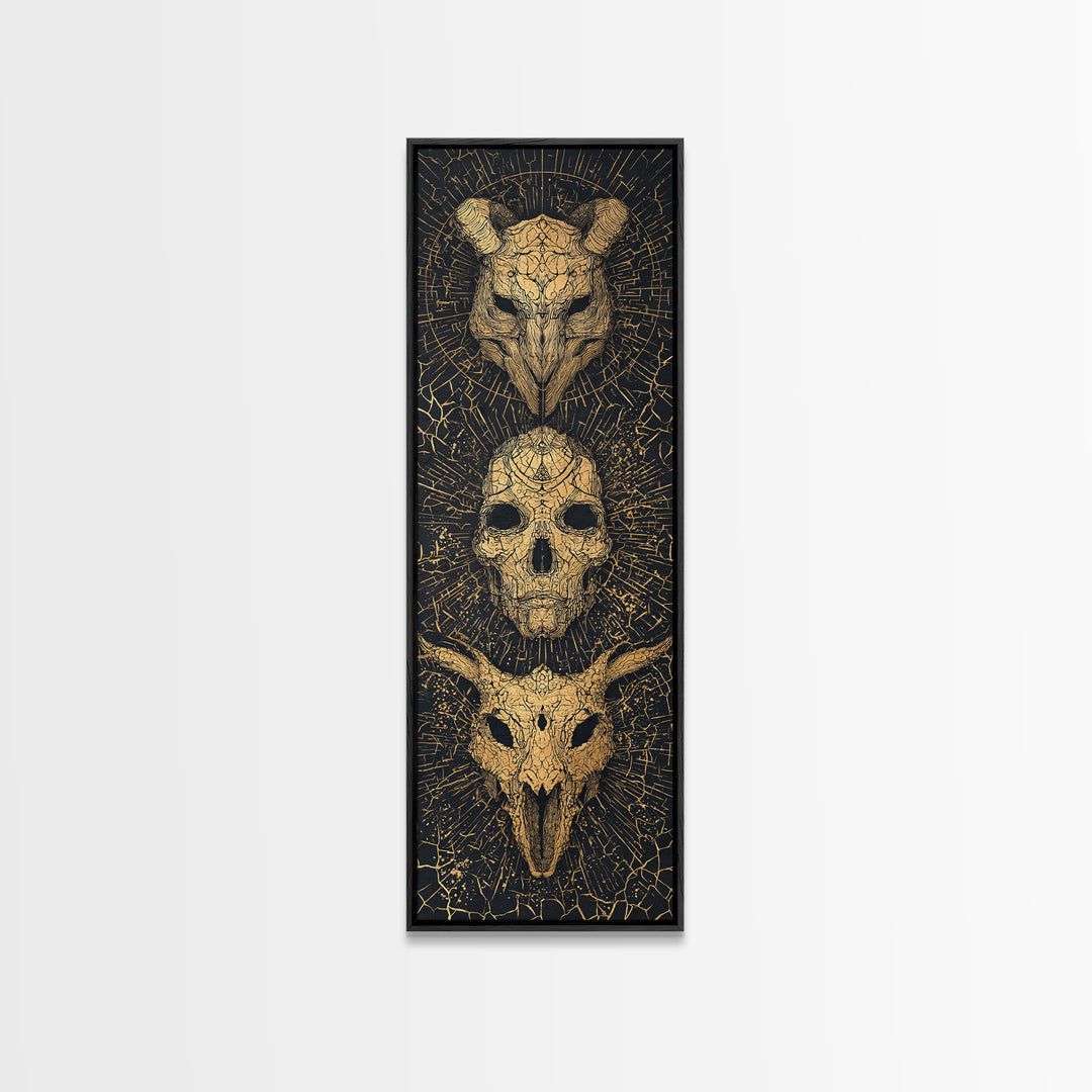 Golden Animal Skull Totem Wall Art, Dark Gothic Canvas Print, Tribal Mystical Home Decor, Unique Occult Statement Poster Gift