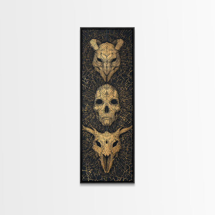 Golden Animal Skull Totem Wall Art, Dark Gothic Canvas Print, Tribal Mystical Home Decor, Unique Occult Statement Poster Gift