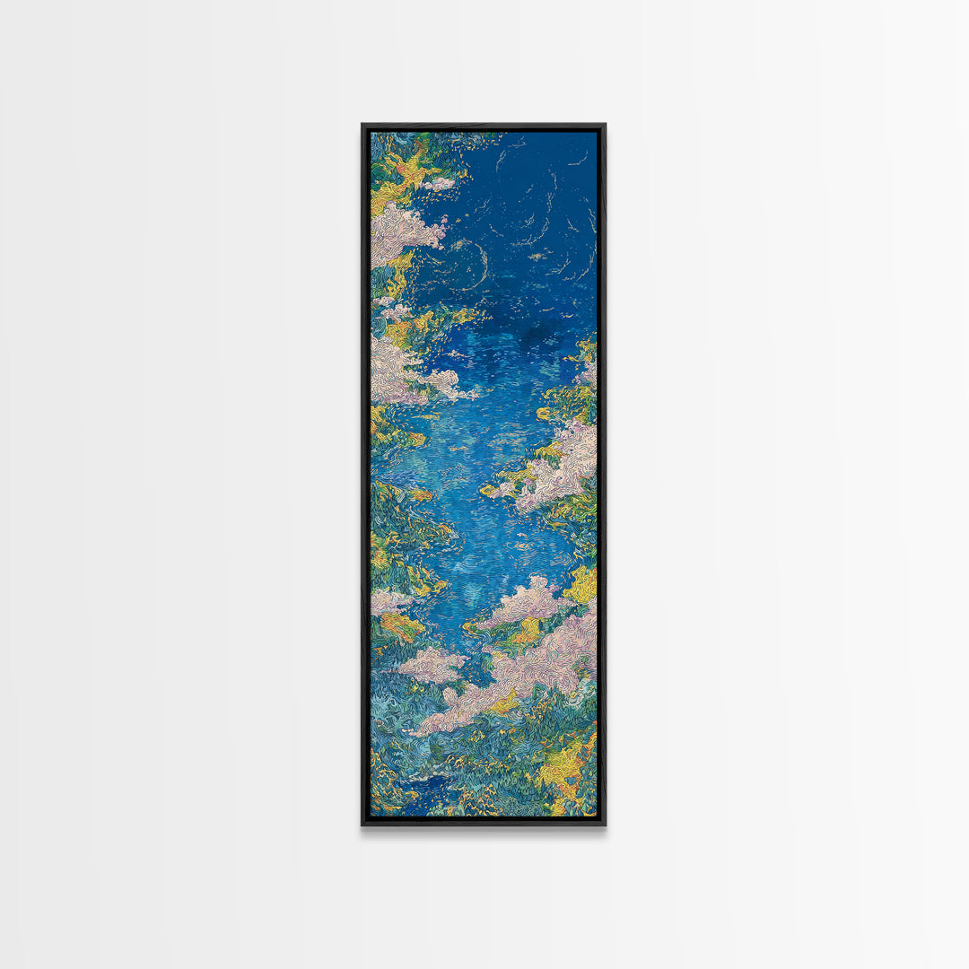 Blue Floral River Landscape Wall Art, Impressionist Garden Water Canvas Print, Nature Scene Art For Serene Home Decor Gift