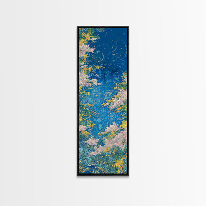 Blue Floral River Landscape Wall Art, Impressionist Garden Water Canvas Print, Nature Scene Art For Serene Home Decor Gift