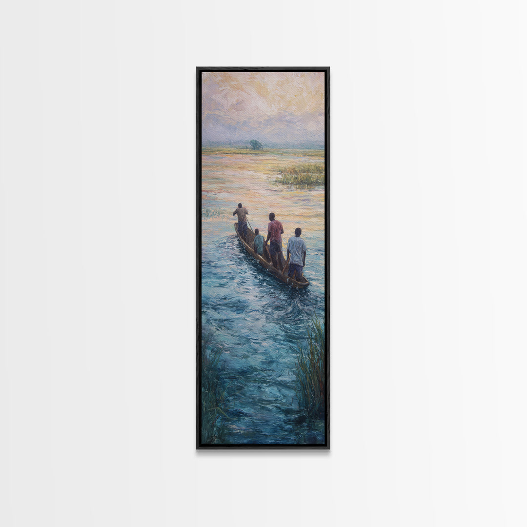 African Canoe River Landscape Wall Art, Fishermen On Water Canvas Print, Serene Safari Cultural Home Decor Gift For Him