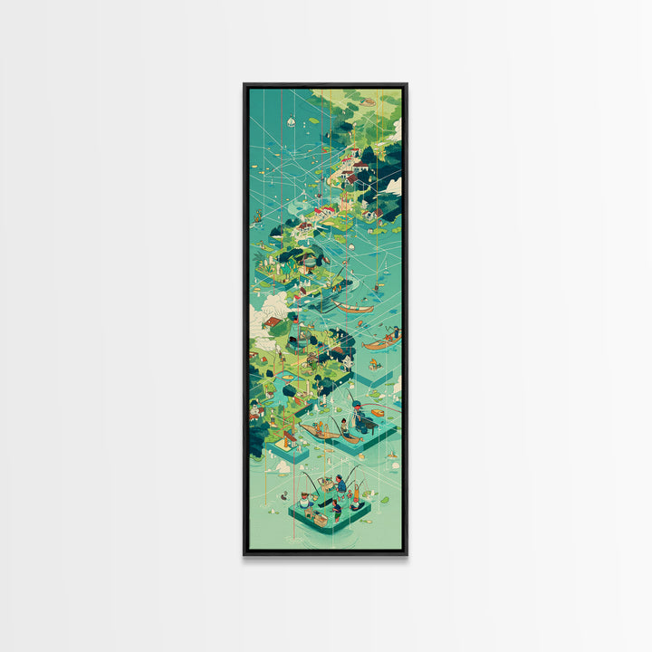 Turquoise Island Village Wall Art, African Coastal Landscape Print, Modern Travel Poster For Bright Living Room Decor Gift