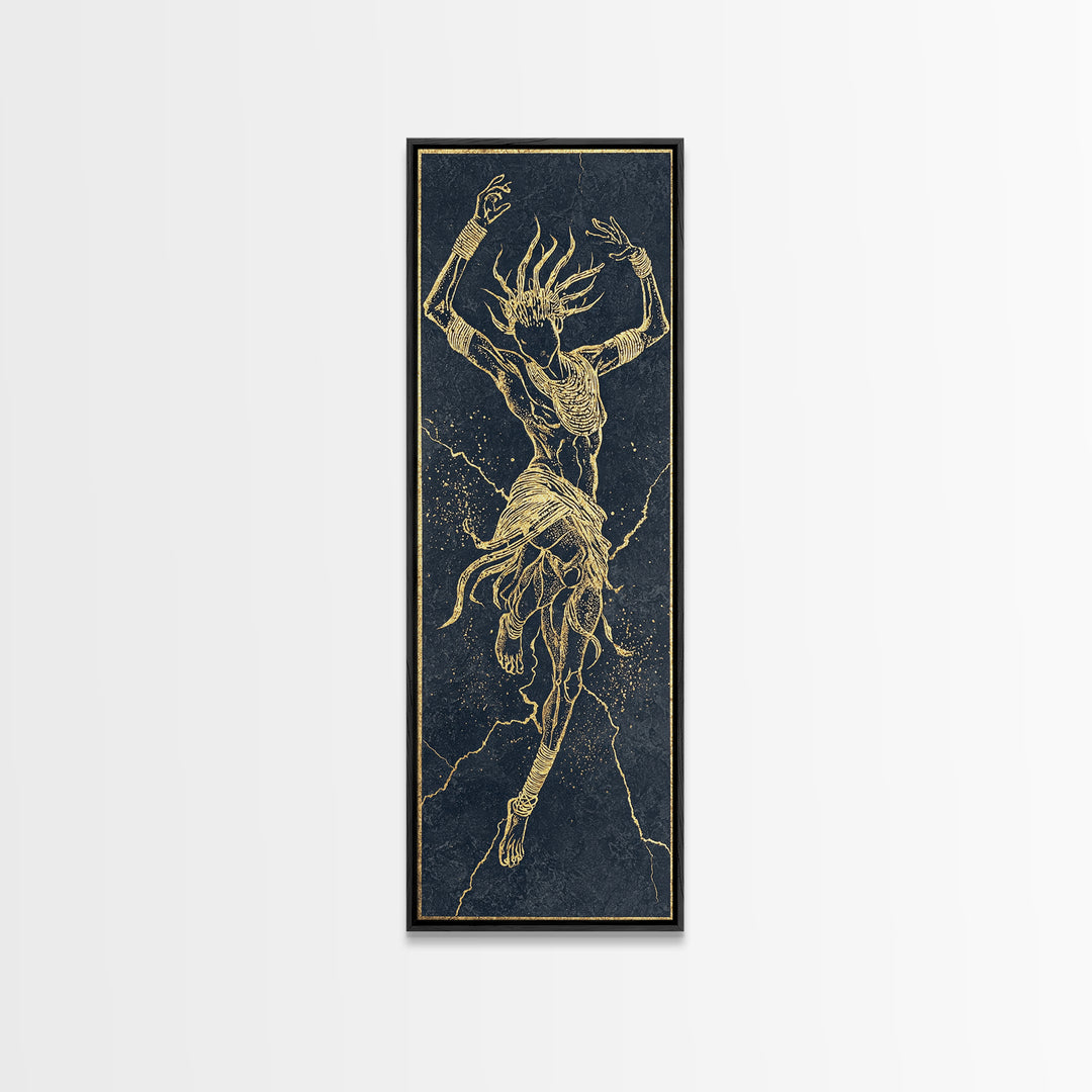 Golden Spirit Dancer Framed Canvas Print, Abstract African Woman Art, Mystical Black And Gold Tribal Wall Decor For Bedroom