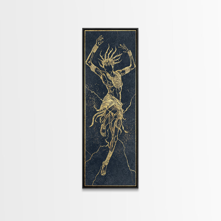 Golden Spirit Dancer Framed Canvas Print, Abstract African Woman Art, Mystical Black And Gold Tribal Wall Decor For Bedroom